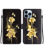 Gold Butterfly Rose Leather Phone Case for iPhone 15 Pro Max - £17.77 GBP
