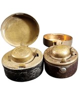 Antique Traveling Inkwells Leather covered ornate Brass with glass inser... - $242.55