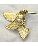 Hummingbird Pin Brooch Red Rhinestone Eye Gold Tone Bird Flying  2&quot; - $10.77