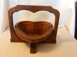 Vintage Hand Made Arts &amp; Crafts Wood Folding Heart Shaped Basket Dish - £47.18 GBP