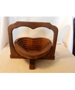 Vintage Hand Made Arts &amp; Crafts Wood Folding Heart Shaped Basket Dish - £46.98 GBP