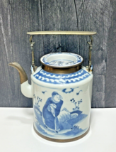 Brass Mounted Chinoiserie Chinese Export Porcelain Tea Pot Blue White Figure Fan - £226.63 GBP