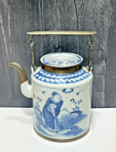 Brass Mounted Chinoiserie Chinese Export Porcelain Tea Pot Blue White Figure Fan - £225.49 GBP