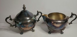 FB Rogers Silver Plate Footed Sugar Bowl/Lid &amp; Creamer VTG - £35.18 GBP