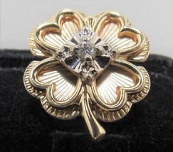 14k Solid Yellow Gold Diamond 4 Leaf Clover Shamrock Heart Lapel Pin Tie Tack - £179.81 GBP