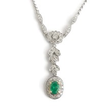 Authenticity Guarantee 
Green Emerald Diamond Halo Drop Pendant Lariat Y Neck... - £1,434.57 GBP