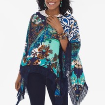 Chicos Floral Color Block Poncho Womens OS Triangle Blue Fringe Colorblock Cape - £19.90 GBP