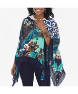 Chicos Floral Color Block Poncho Womens OS Triangle Blue Fringe Colorblo... - £19.67 GBP