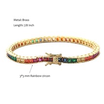 Brass 7/8 Inch 3*3 mm Rainbow Square Zircon Tennis Bracelet By Gold /Rhodium Pla - £36.87 GBP