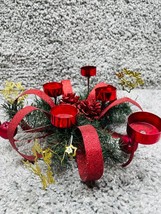Wreath Christmas Red Advent Candle Holder Metal Ribbon Centerpiece Table - £14.87 GBP