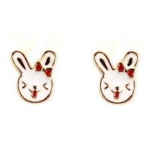 Cute Happy Bunny Earrings Rabbit Gold Plate Enamel New Kids Girls Pair Post Stud - £6.33 GBP
