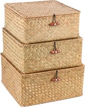 3 Pack Cube Seagrass Storage Bins With Lids, Rattan Woven Decorative Storage - £35.80 GBP