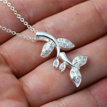 0.40 Ct Round Cut Cubic Zirconia Leaf Pendant Pretty 14k White Gold Plated 18&quot; - £90.19 GBP
