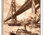 San Francisco Oakland Bay Bridge Russell Wilson Etching 1940 Postcard W12 - £15.73 GBP