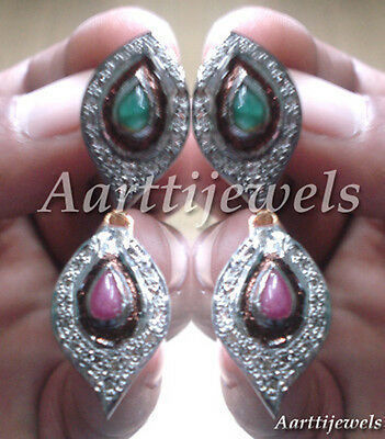 Primary image for Victorian 1.02ct Rose Cut Diamond Emerald Ruby Christmas Wedding Earrings