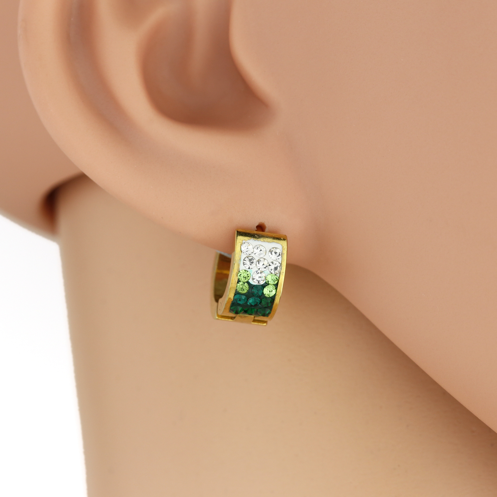 Gold Tone Huggie Hoop Earrings, Faux Emerald & Sparkling Crystals