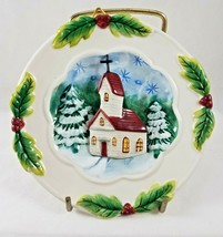 Church in Snow 5&quot; Wall Plate 3 Dimensional Holly Berry Leaves Trim - £7.47 GBP