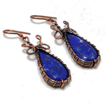 Lapis Lazuli Gemstone Copper Wire Wrap Drop Dangle Earrings Jewelry 2.10&quot; SA 10 - £3.92 GBP