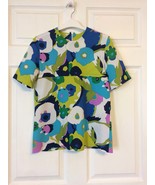 60s Mod Print Top Blue Green Short Sleeve Vintage S M - $35.27 CAD