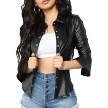 Genuine Lambskin Casual Leather Biker Soft Women Handmade Black Shirt St... - $107.71
