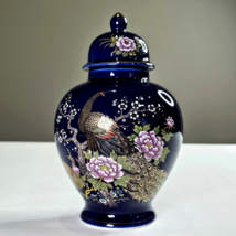 Vintage Japanese Ginger Jar/Urn with Lid Cobalt Blue with Peacock &amp; Floral scene - £15.71 GBP