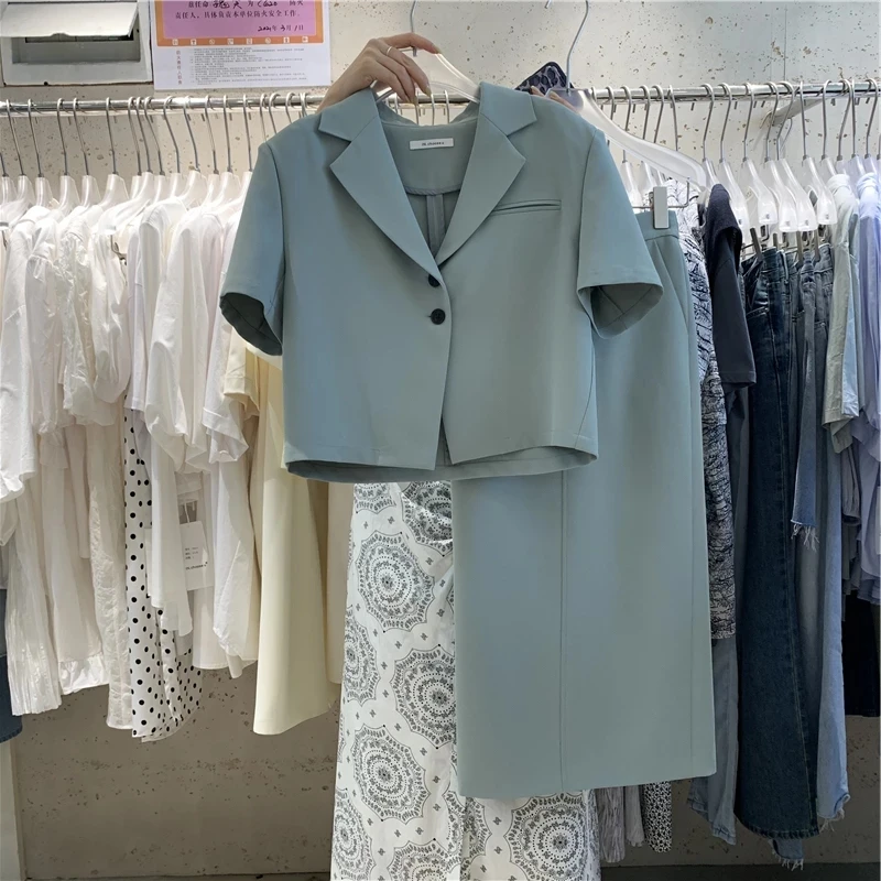 Luck A Women Summer Korean  Blazer Suits Vintage Short Sleeve Blazers+t Waist Lo - £101.38 GBP