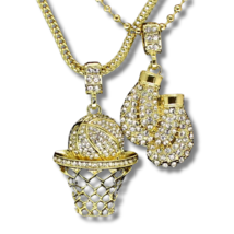 Mens 14k Gold Plated 2 pc CZ BasketBall Boxing Pendants 24&quot; Ball Franco Chains - £11.23 GBP