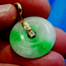 Earth mined Jade Diamond Vintage Deco Charm Vivid Green White Disc Pendant 18k - £1,736.20 GBP