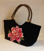 Medusa Black Velour Purse Pink Flower Floral Embroidery Gold Bronze Trim... - £51.51 GBP