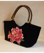 Medusa Black Velour Purse Pink Flower Floral Embroidery Gold Bronze Trim Handbag - $65.00