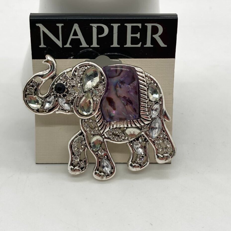 New Napier Trunk Up Elephant Brooch Silver Tone Rhinestones Faux Abalone Signed - $24.74