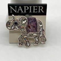 New Napier Trunk Up Elephant Brooch Silver Tone Rhinestones Faux Abalone Signed - £19.77 GBP