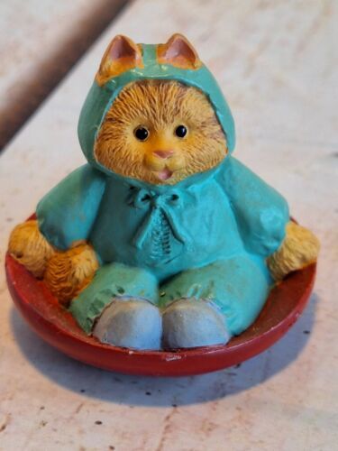 Primary image for Hallmark Merry Miniatures Cameron Cat In Snow Suit On Red Sled VTG 1995 1.5"Tall