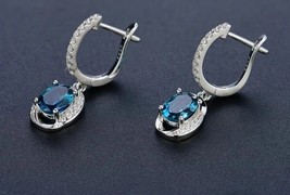 2.50 Ct Oval Cut Lab Created London Blue Topaz Dangle Drop Earrings 925 Silver - £92.96 GBP