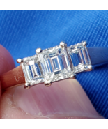 Earth mined Diamond Deco Engagement Ring 3 Stone Emerald cut Solitare 14... - $4,460.25
