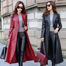 Women&#39;s Red Genuine Leather Long Trench Coat - $179.99