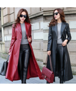 Women&#39;s Red Genuine Leather Long Trench Coat - $179.99