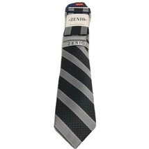 Zenio Men&#39;s Slim Tie with Two Hankies Black Gray Silver Striped Pattern 3&quot; Wide - £16.07 GBP