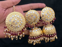 Mirror Rajasthani Jaipuri Gold Plated Tikka Earrings Jewelry Set Bridal Maroon - £22.36 GBP