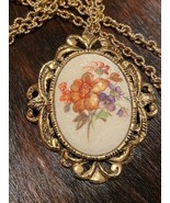 Vintage Goldtone Oval Handpainted Floral Brooch/Pendant with 36&quot; gold to... - £27.37 GBP