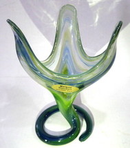  Marigold Art Glass Yellow Blue Swirl Coiled Base Vase Joe Hamon Durango sticker - £43.52 GBP