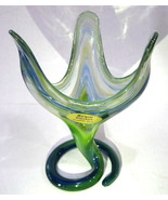  Marigold Art Glass Yellow Blue Swirl Coiled Base Vase Joe Hamon Durango... - £42.81 GBP