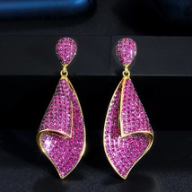 CWWZircons Fancy MiPave Hot Pink Red Cubic Zircon Stone Long Dangle Drop Earring - £17.62 GBP