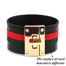 Shion women cuff leather bracelets red green ribbon bangles lock design wide punk charm thumb200