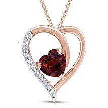 Granate Colgante Corazón Solitario 18&quot; Cadena 14K Oro Rosa Chapado Plata de Ley - £51.36 GBP