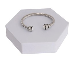 Fashion Women White Pearl Silver Twisted Cable Classic Bangle Bracelet - £22.78 GBP