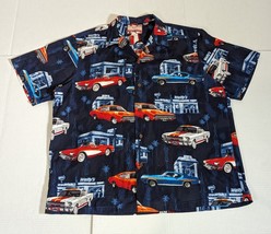 Vintage Cars Drive-In Gas Station Men&#39;s XL Cotton RJC Aloha Hawaiian Shirt USA - £18.99 GBP