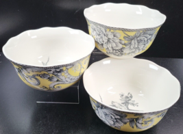 (3) 222 Fifth Adelaide Yellow Soup Cereal Bowls Set Black Floral Birds D... - $39.47
