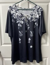 Flycurvy Short Sleeved Blouse Womens Plus 3x Black Floral Print Round Ne... - $19.79