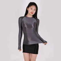 Women High Glossy Casual Fashion T-shirt Elastic Tight Sports Basic Shirt mujer - £10.16 GBP